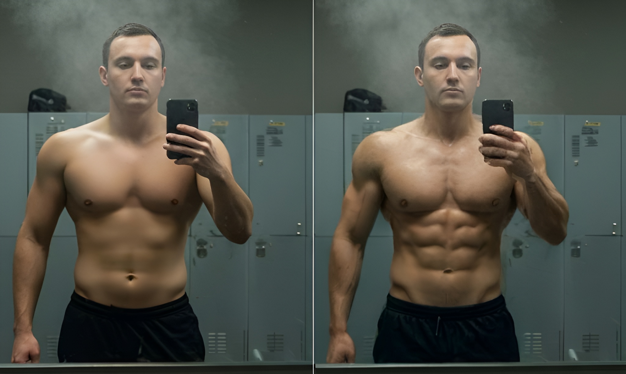 Before and after comparison showing natural six-pack abs enhancement using GigaBody