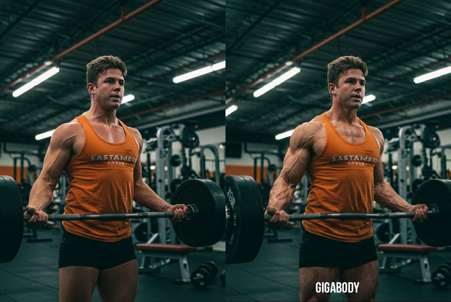 Step-by-step tutorial showing realistic muscle enhancement using GigaBody AI Bulk filter