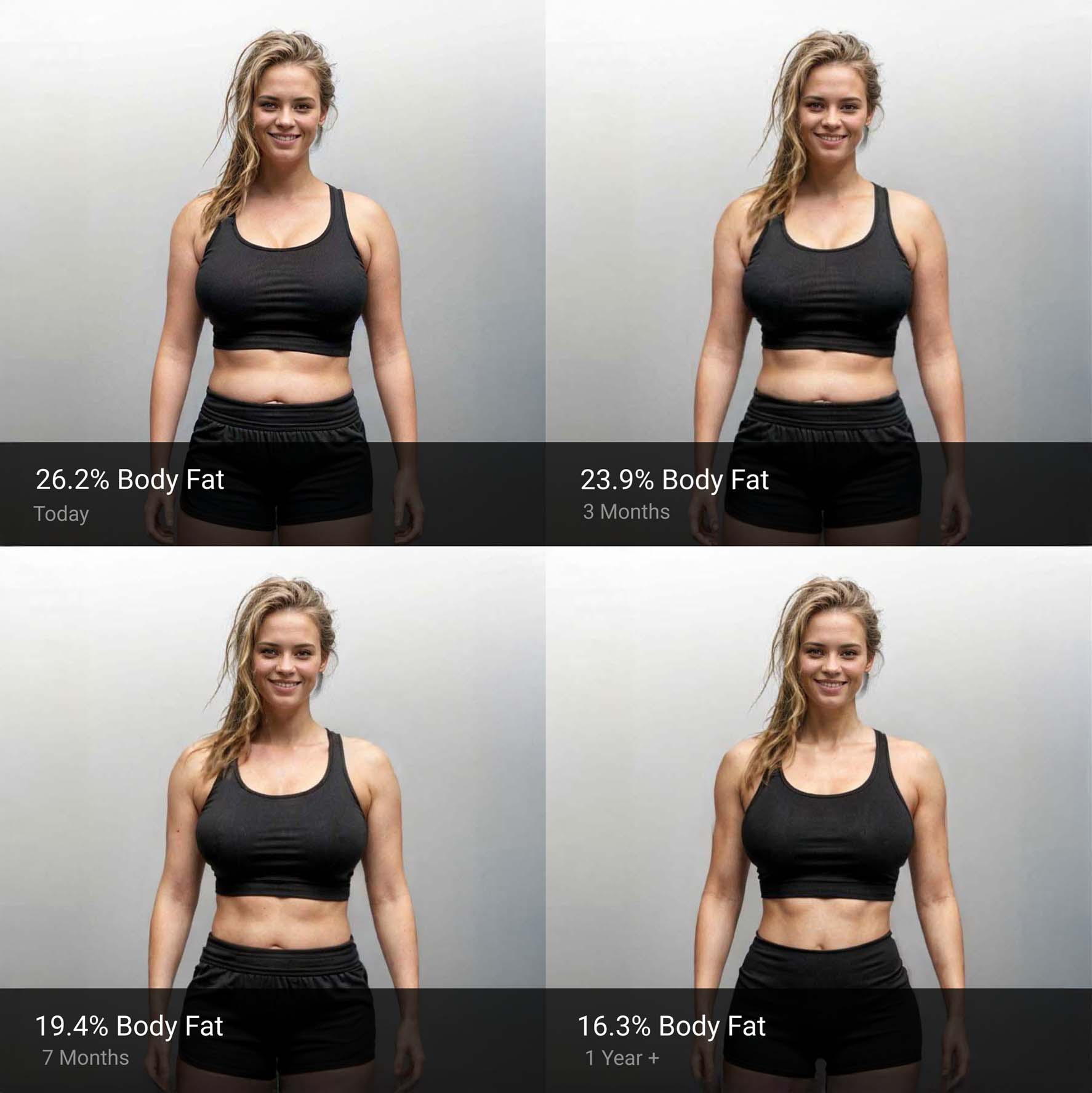 Female body fat simulation visualization showing different body fat percentages