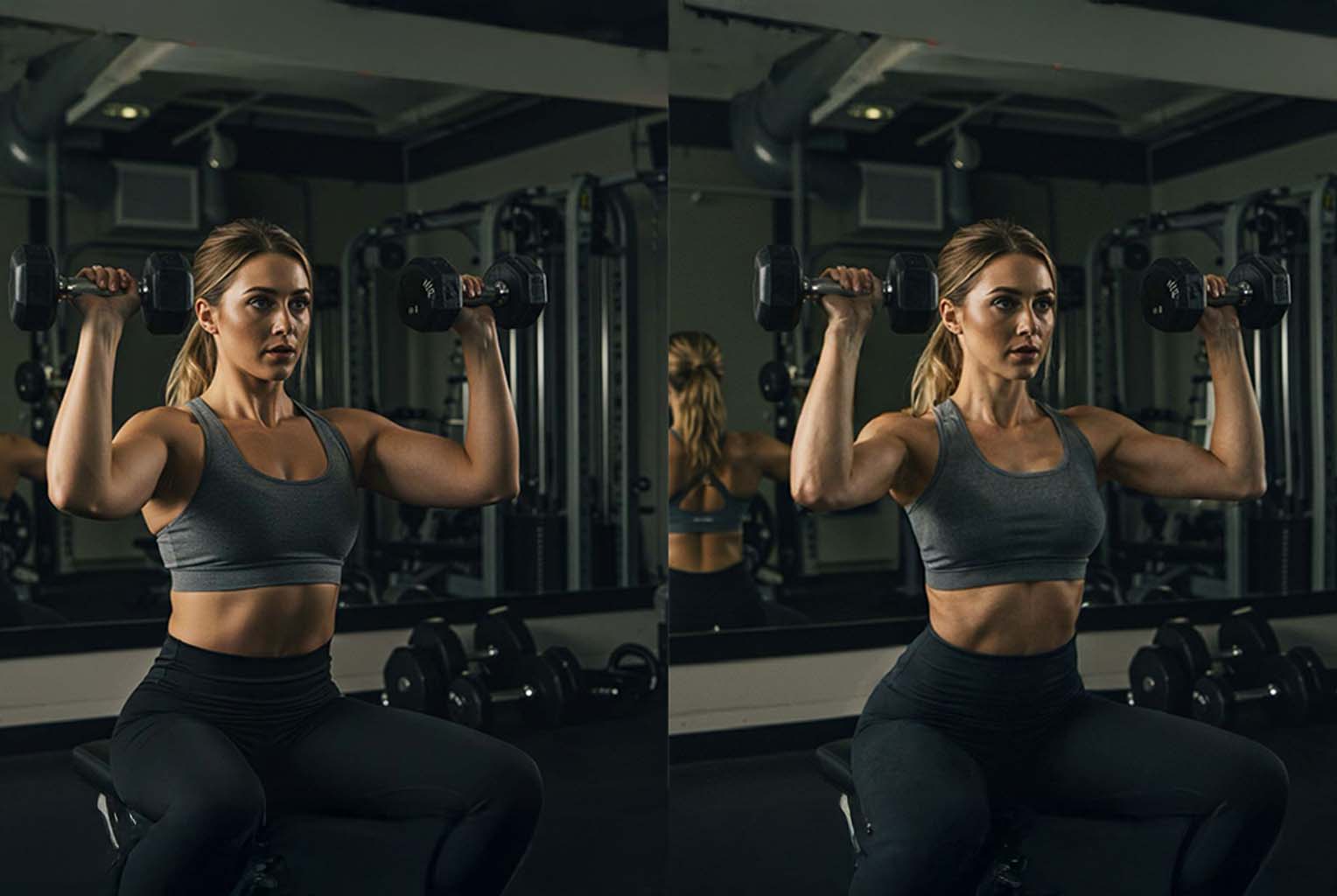 Athletic woman showcasing natural muscle enhancement using GigaBody's female-optimized AI filters